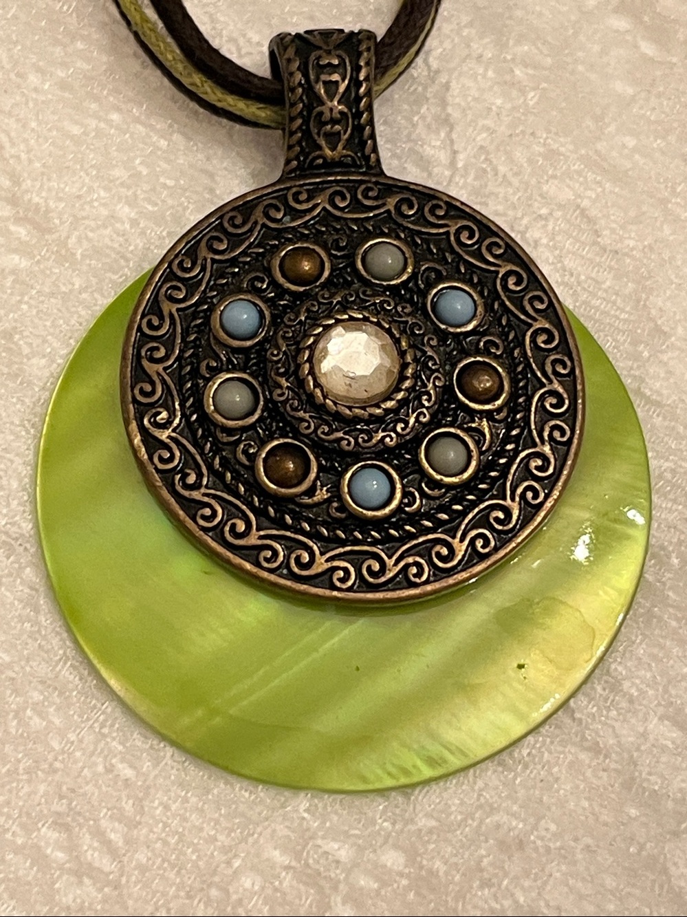 Lia Sophia Green Shell and Antique Bronze Medallion Necklace